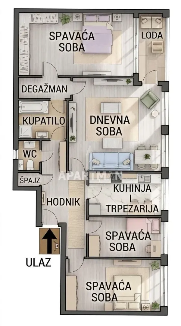 2D osnova stana sa rasporedom prostorija i nameštajem.