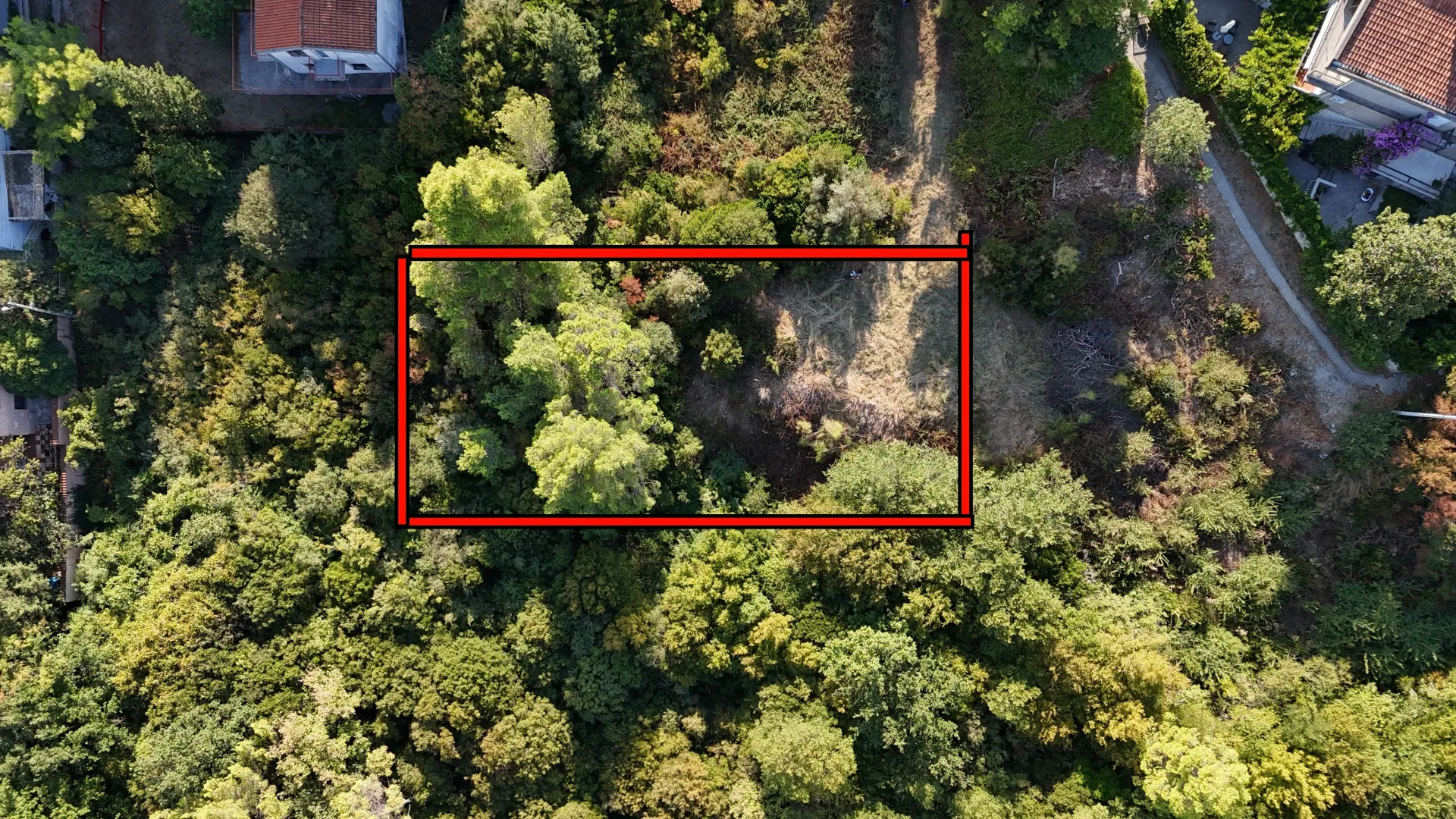 Pogled iz vazduha na zemljište sa ucrtanim granicama parcele.