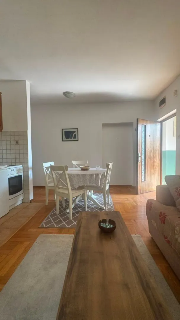 Dnevni boravak sa trpezarijom i kuhinjom u pozadini.