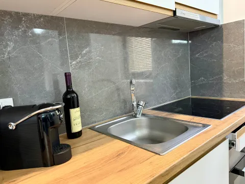 Moderna kuhinja sa sudoperom, ugradnom pločom i aparatom za kafu. - image 12