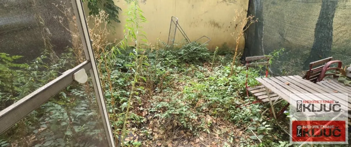 Zaraslo dvorište sa drvenim stolom i stolicama pored objekta.