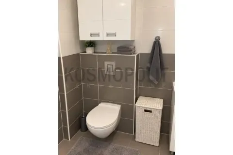 View of a modernly equipped bathroom with a toilet, cabinet, and laundry basket. - image 8