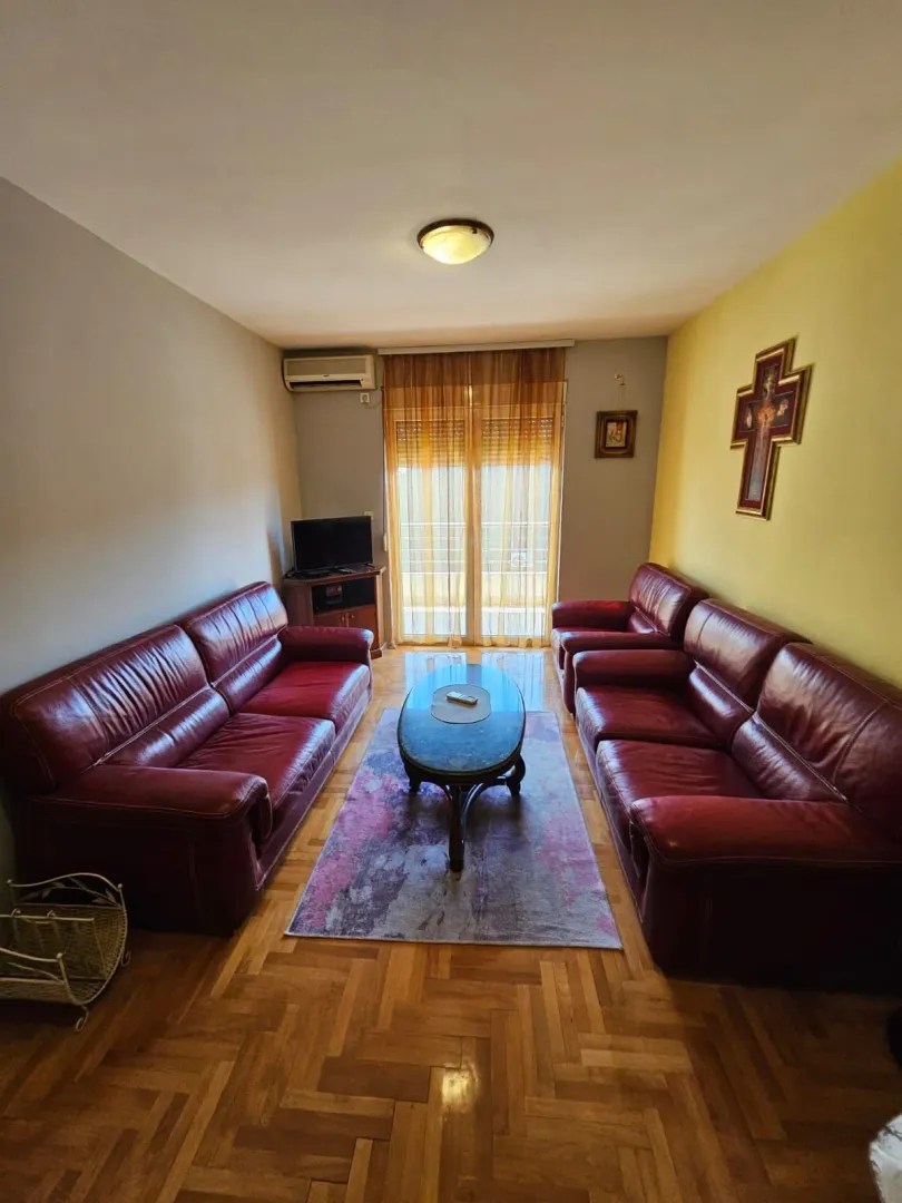 Dnevni boravak sa kožnim garniturama, stočićem i izlazom na terasu.