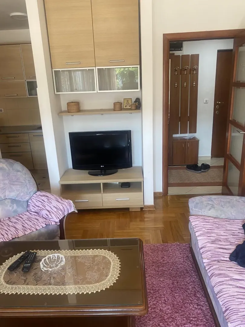 Living room with a seating area, television, and wooden cabinets.