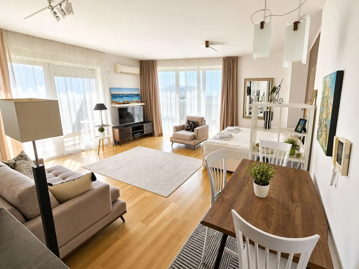 Spacious bright living room with dining area and access to the terrace.