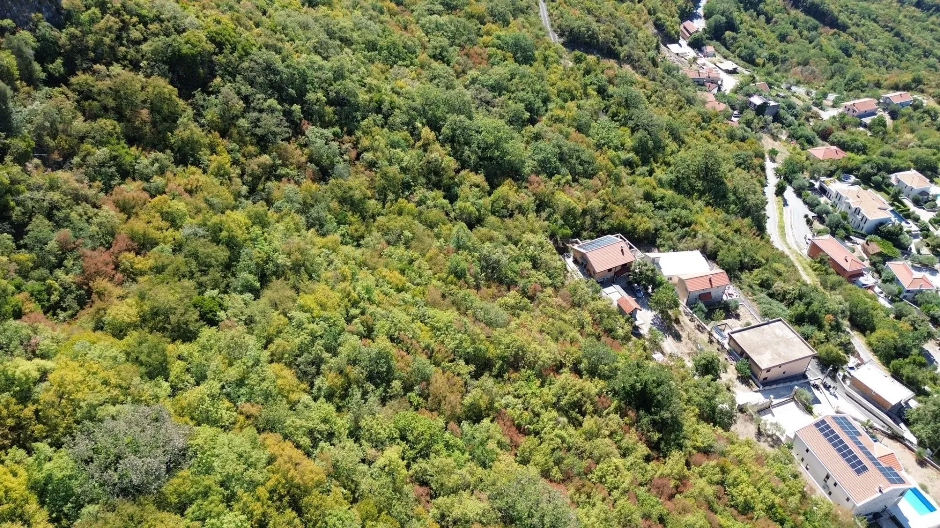 Pogled iz vazduha na okolno zelenilo i kuće u naselju.