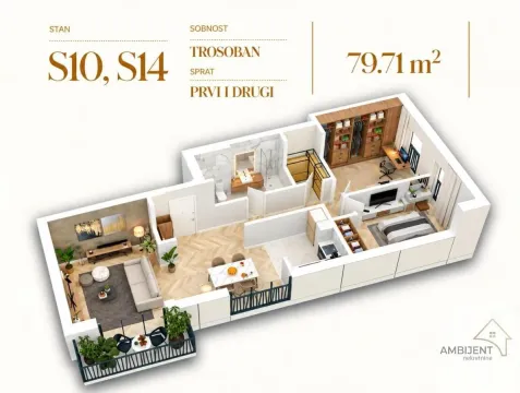 Trodimenzionalni prikaz trosobnog stana površine 79,71 kvadratnih metara sa rasporedom nameštaja. - image 5