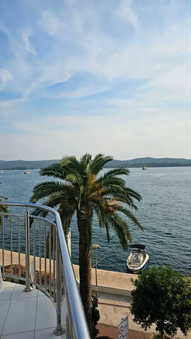 Pogled na more sa balkona sa palmom i marinom.