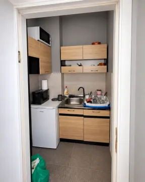 Small kitchen with wooden cabinetry, a sink, and a small refrigerator. - image 4