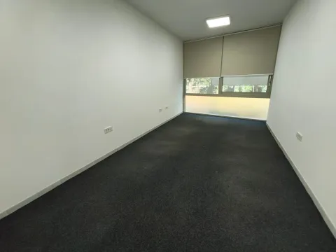 Empty office with white walls, dark carpet, and a window with blinds. - image 12