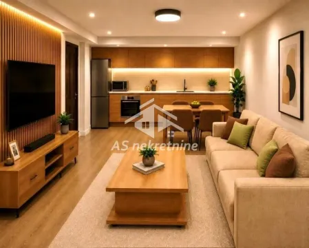Modern living room with a sofa, TV, and dining area in the background. - image 2