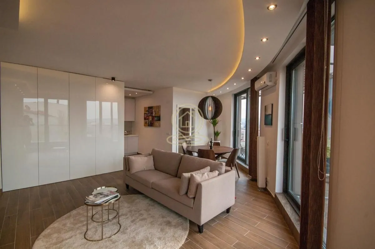 Modern living room with a sofa, dining table, and built-in closets.