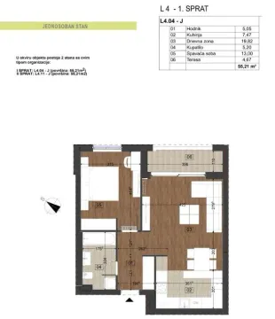 Arhitektonski plan jednosobnog stana sa rasporedom prostorija i dimenzijama. - image 8