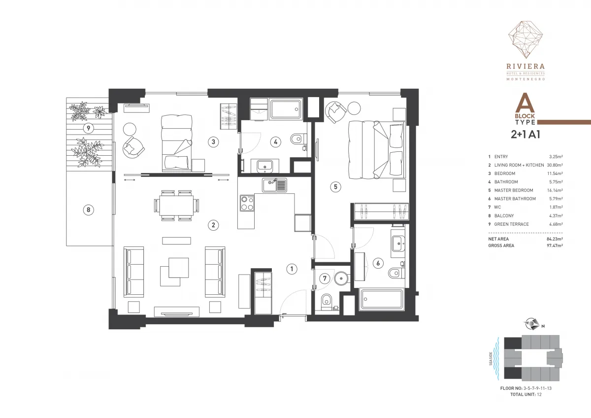 Sale, two bedroom apartment, 84m², Budva, Crna Gora