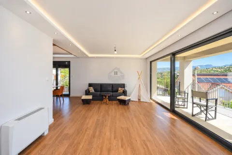 Spacious living room with wooden flooring, a dark sofa, and large glass doors leading to the terrace. - image 9