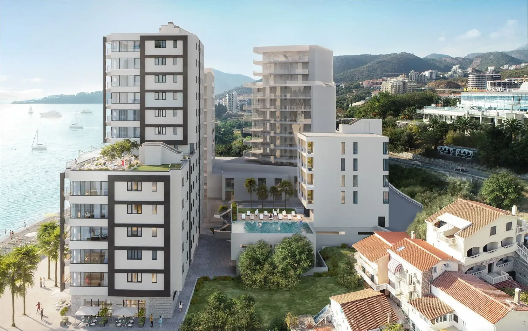 Render modernog stambenog kompleksa na samoj obali mora sa zajedničkim bazenom.