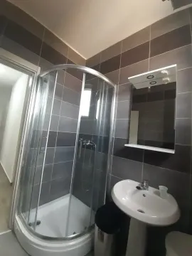 Manje kupatilo sa tuš kabinom, umivaonikom i ogledalom. - image 8