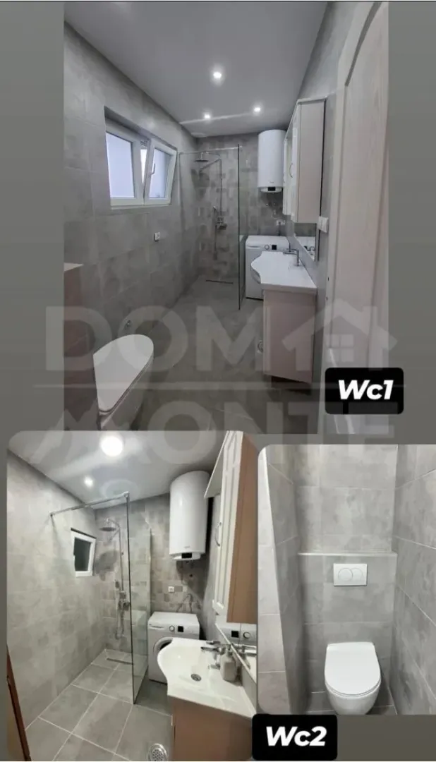Kolaž fotografija koje prikazuju moderno uređeno kupatilo sa tuš kabinom.