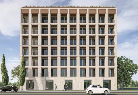 Spoljašnji izgled moderne stambene zgrade sa velikim prozorima i uređenim okruženjem. - image 7
