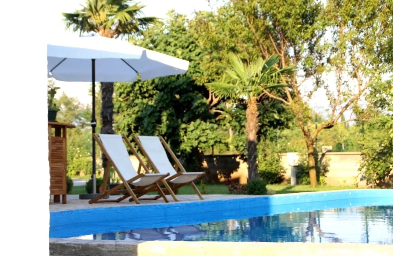 Swimming pool with sun loungers and an umbrella in a landscaped yard.