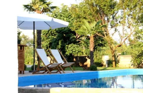 Swimming pool with sun loungers and an umbrella in a landscaped yard. - image 3