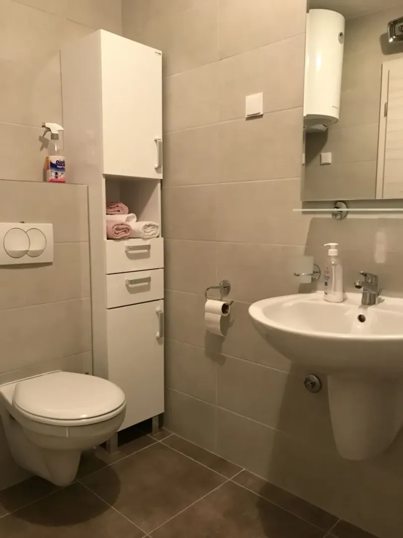 Bright bathroom with a sink, toilet, and a tall white cabinet.