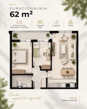 2D osnova trosobnog stana površine 62 kvadratna metra sa rasporedom prostorija. - image 2