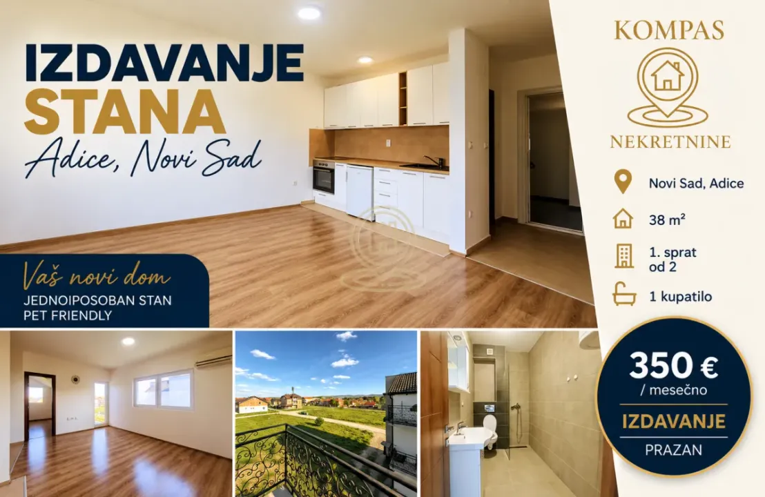 Izdavanje, jednosoban stan, 38m², Adice, Novi Sad Sve Podlokacije