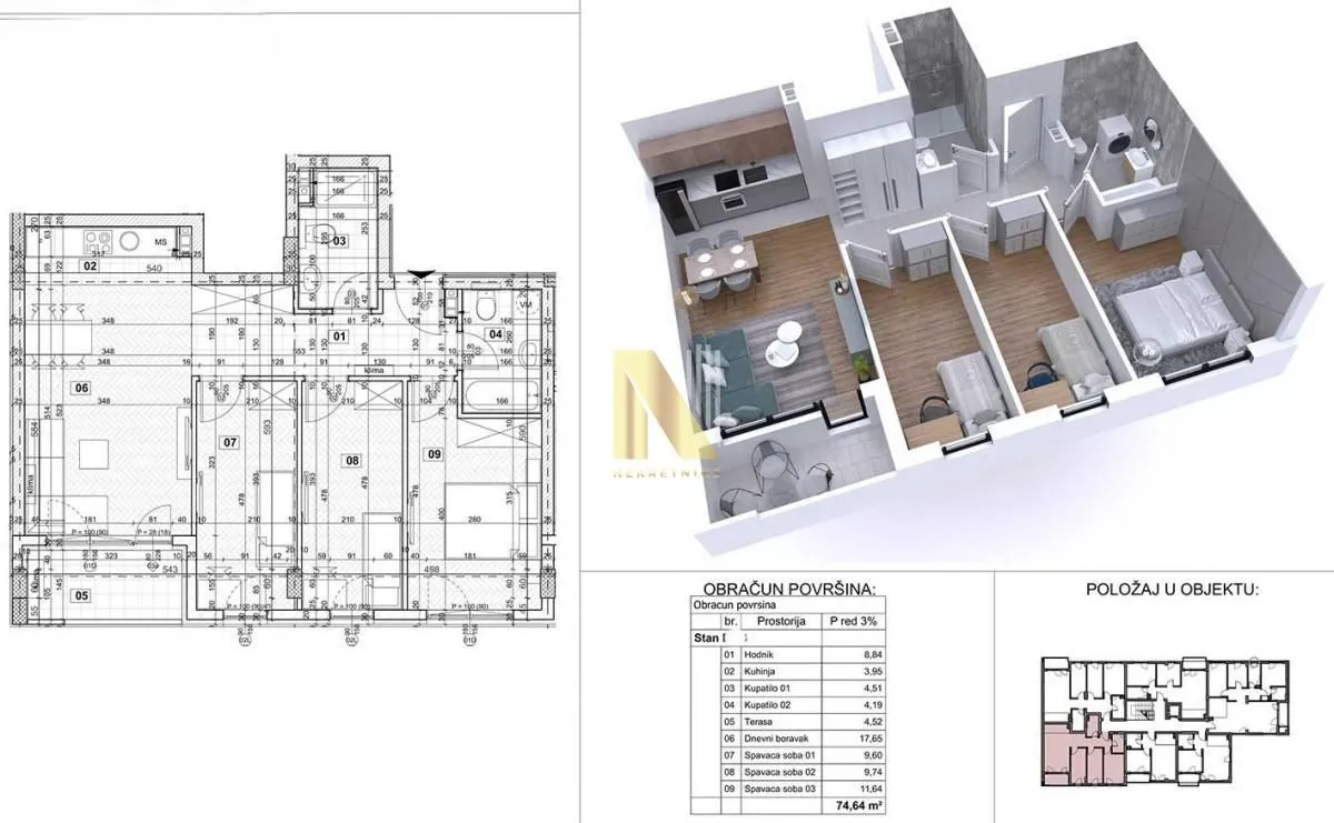 Osnova stana sa rasporedom prostorija i 3D prikazom.