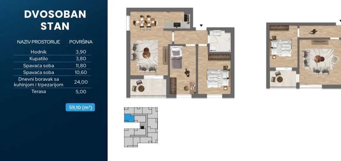 Prodaja, dvosoban stan, 59m², Zabjelo, Podgorica