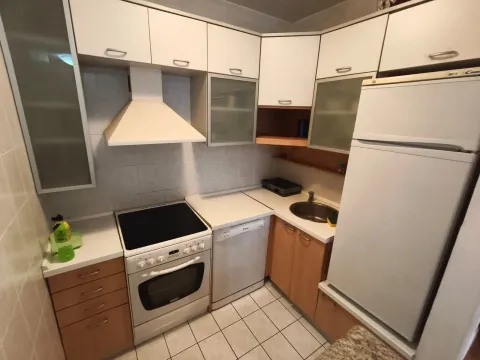 Manja kuhinja sa bijelim i drvenim elementima, štednjakom i frižiderom. - image 14