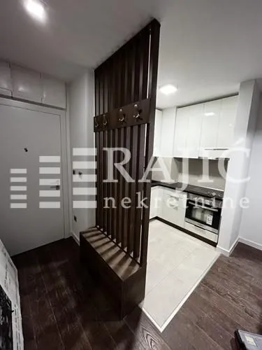 View of a modern kitchen with a wooden partition in the hallway.