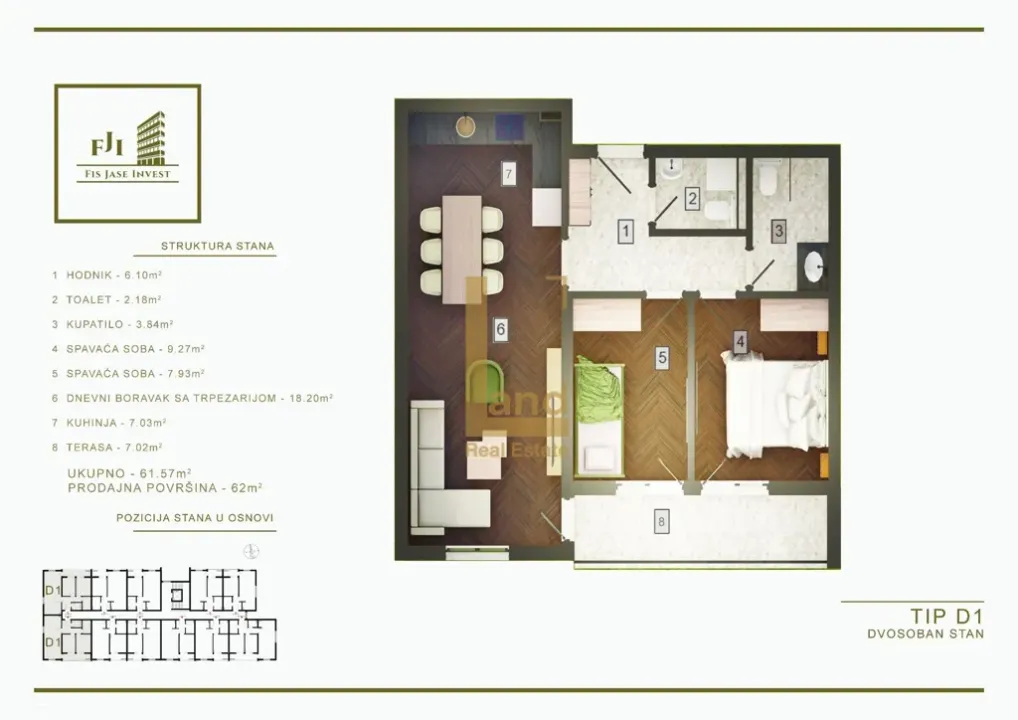 Prodaja, dvosoban stan, 61m², Zagorič, Podgorica