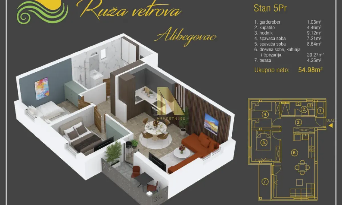 Prodaja, dvosoban stan, 55m², Alibegovac, Petrovaradin