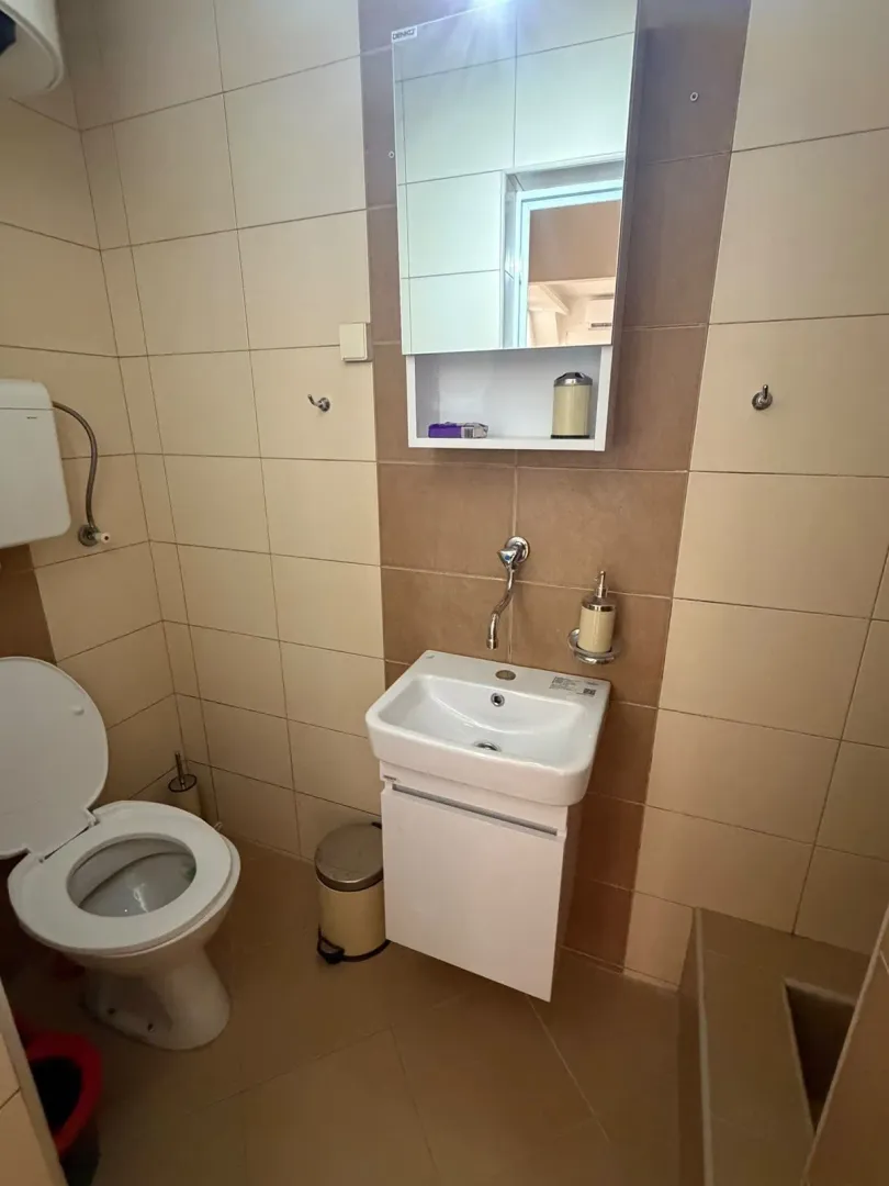 Small bathroom with a washbasin, mirror, and toilet bowl.