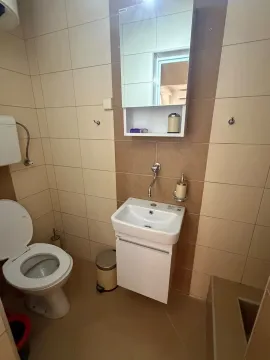 Small bathroom with a washbasin, mirror, and toilet bowl. - image 9