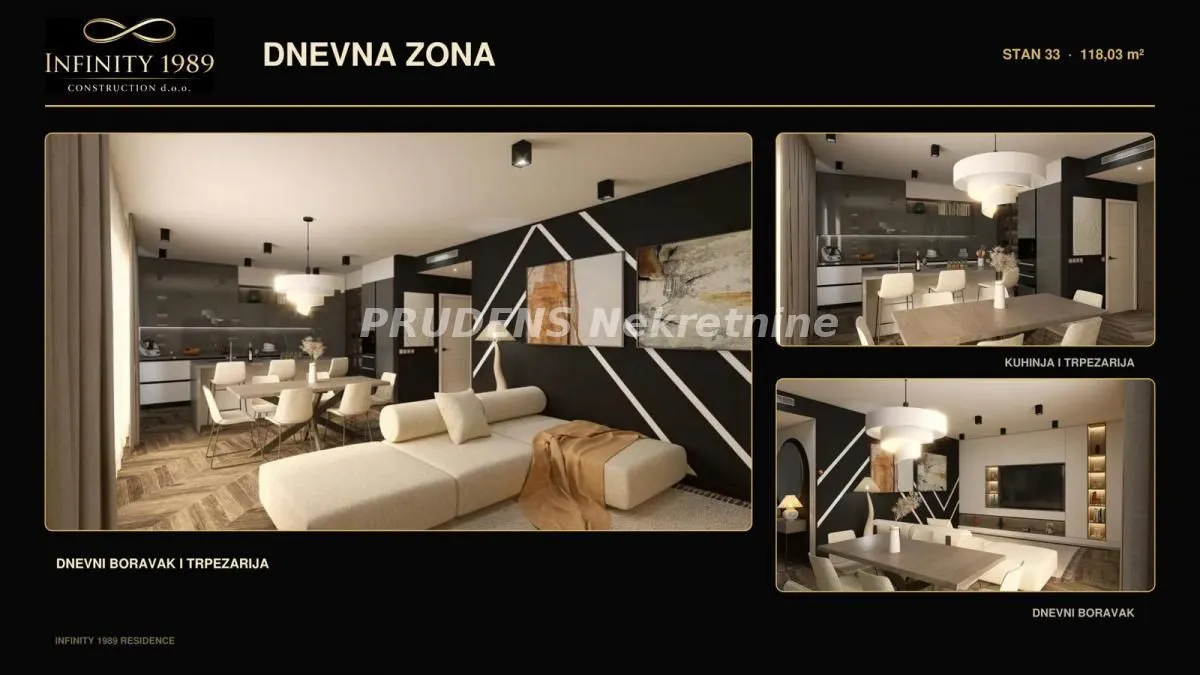 Prikaz enterijera dnevnog boravka sa trpezarijom i kuhinjom.