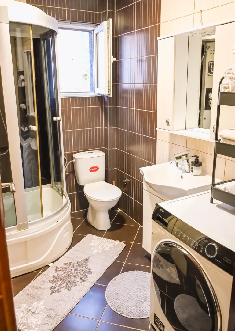Compact bathroom with a shower cabin, washbasin, and washing machine.