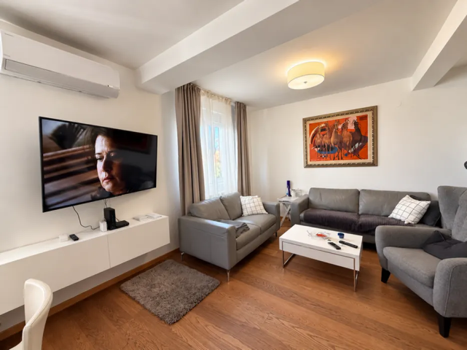 Living room with a sofa set, TV, and air conditioning unit.