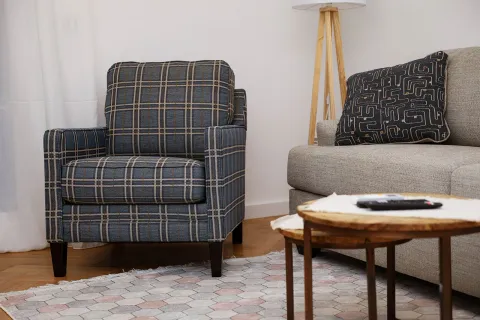 Udobna fotelja sa karo uzorkom u moderno uređenom dnevnom boravku. - image 12