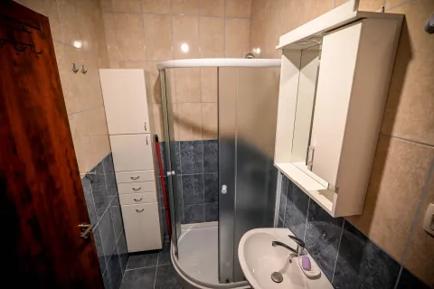Manje kupatilo sa tuš kabinom, umivaonikom i bijelim elementima. - image 7