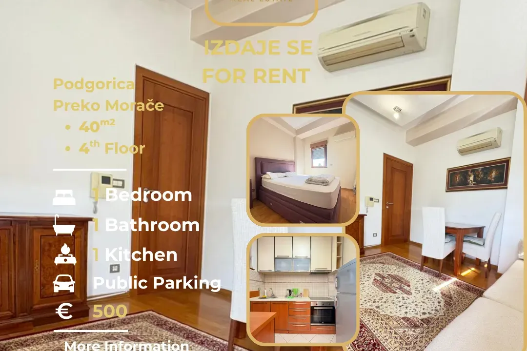 Izdavanje, jednosoban stan, 40m², Preko Morače, Podgorica