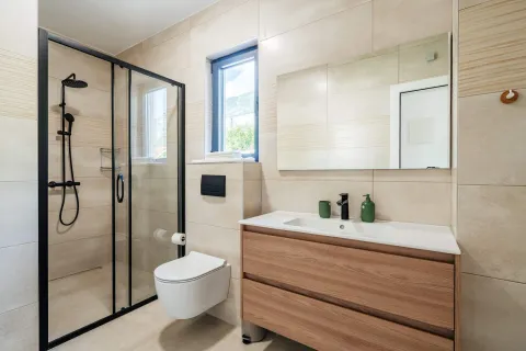 Modern bathroom equipped with a walk-in shower, vanity sink, and wall-hung toilet. - image 10