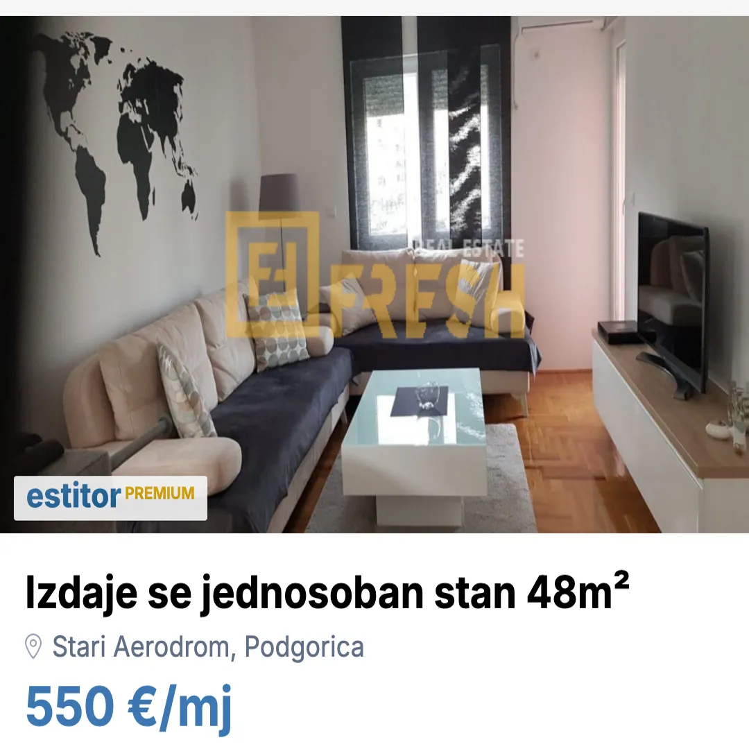Izdavanje, jednosoban stan, 48m², Stari Aerodrom, Podgorica