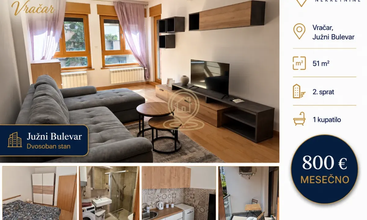 Rent, two bedroom apartment, 51m², Južni Bulevar, Vračar Sve Podlokacije