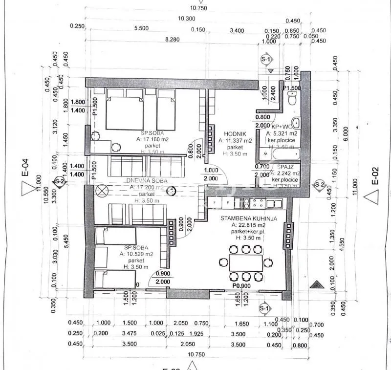 Architectural floor plan of the apartment with room layout and dimensions.