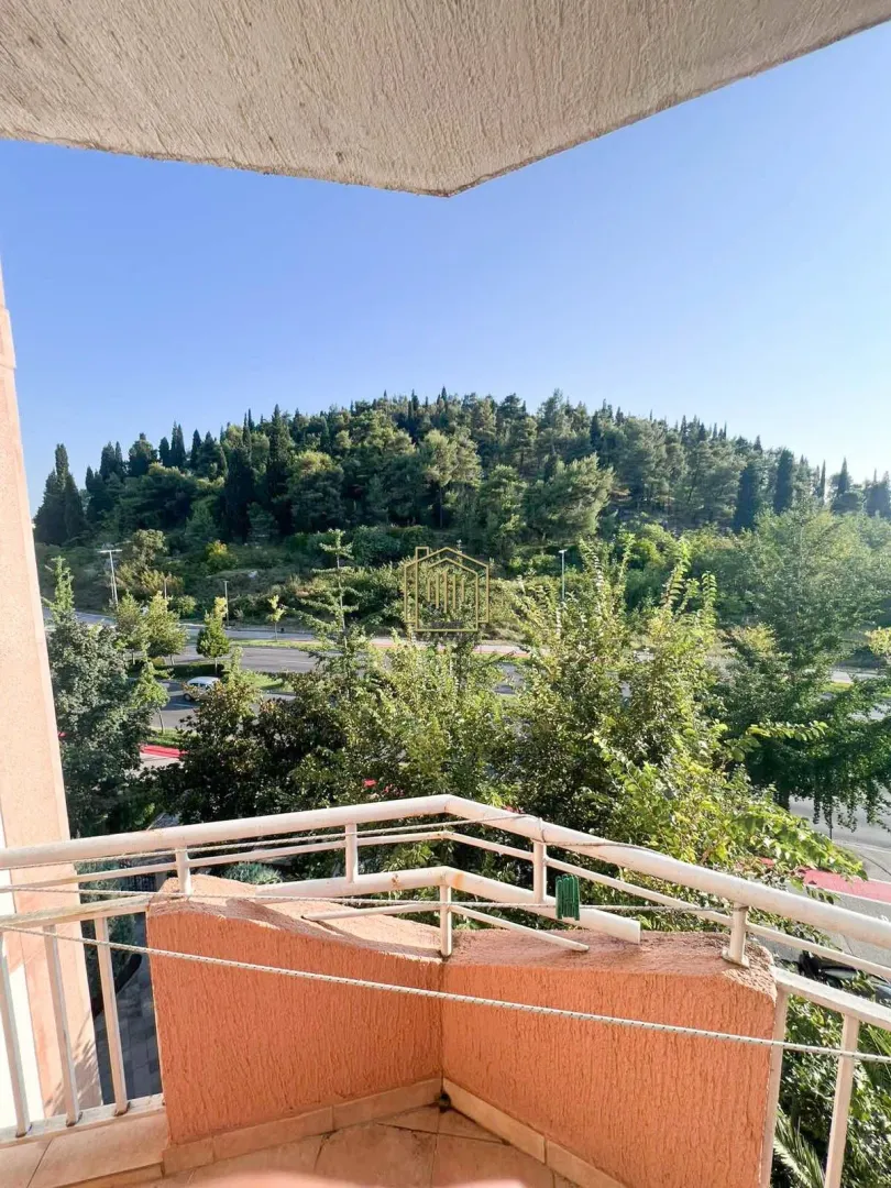 View from the balcony overlooking the green area and hill.