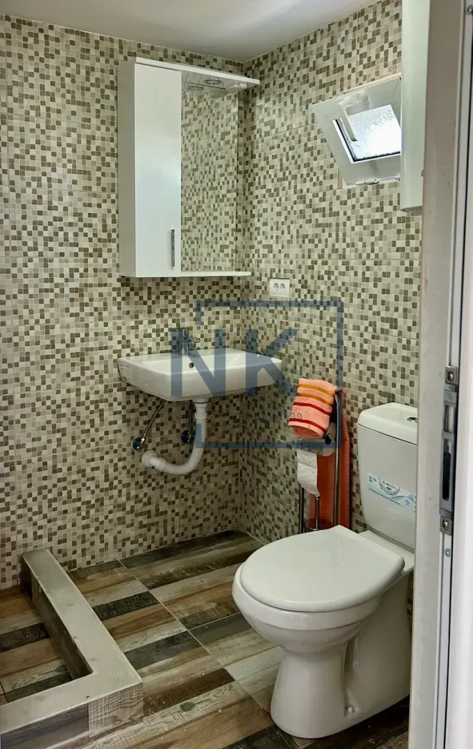 Smaller bathroom with a shower cabin, washbasin, and toilet.