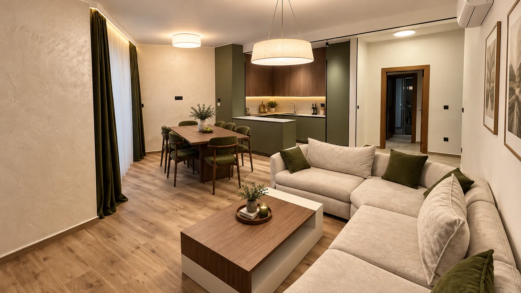 Spacious living room with dining area and modern kitchen.