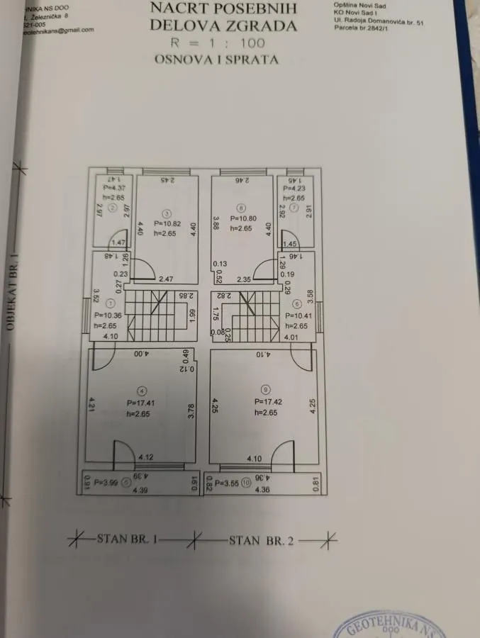 Osnova i nacrt posebnih delova zgrade sa merama prostorija.